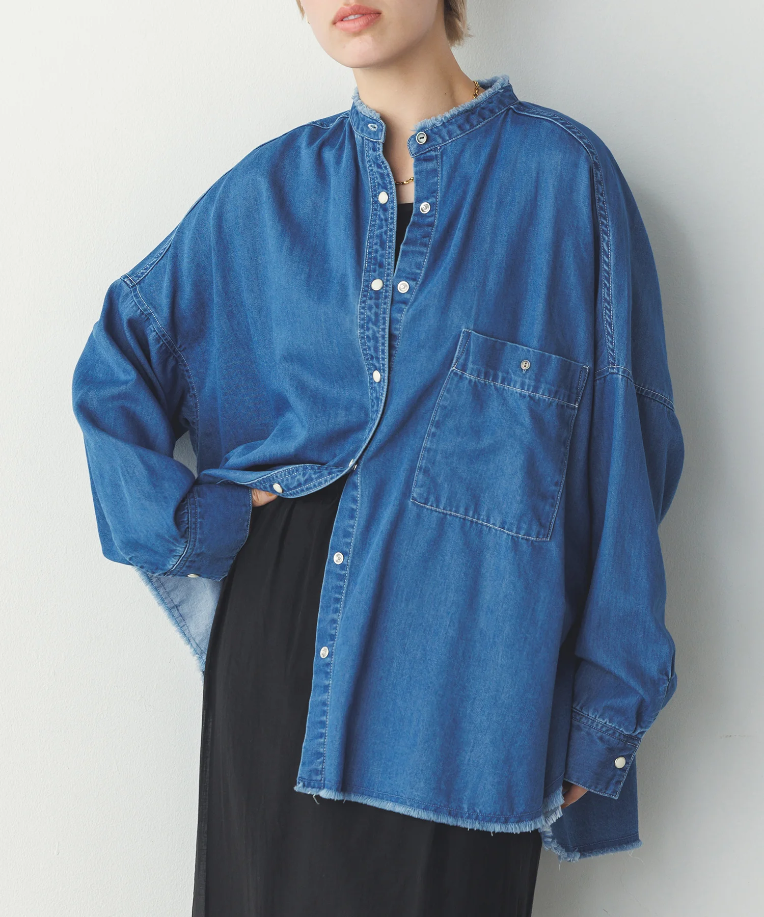【WEB限定/別注】ライトオンス デニム バンドカラー オーバーサイズシャツ