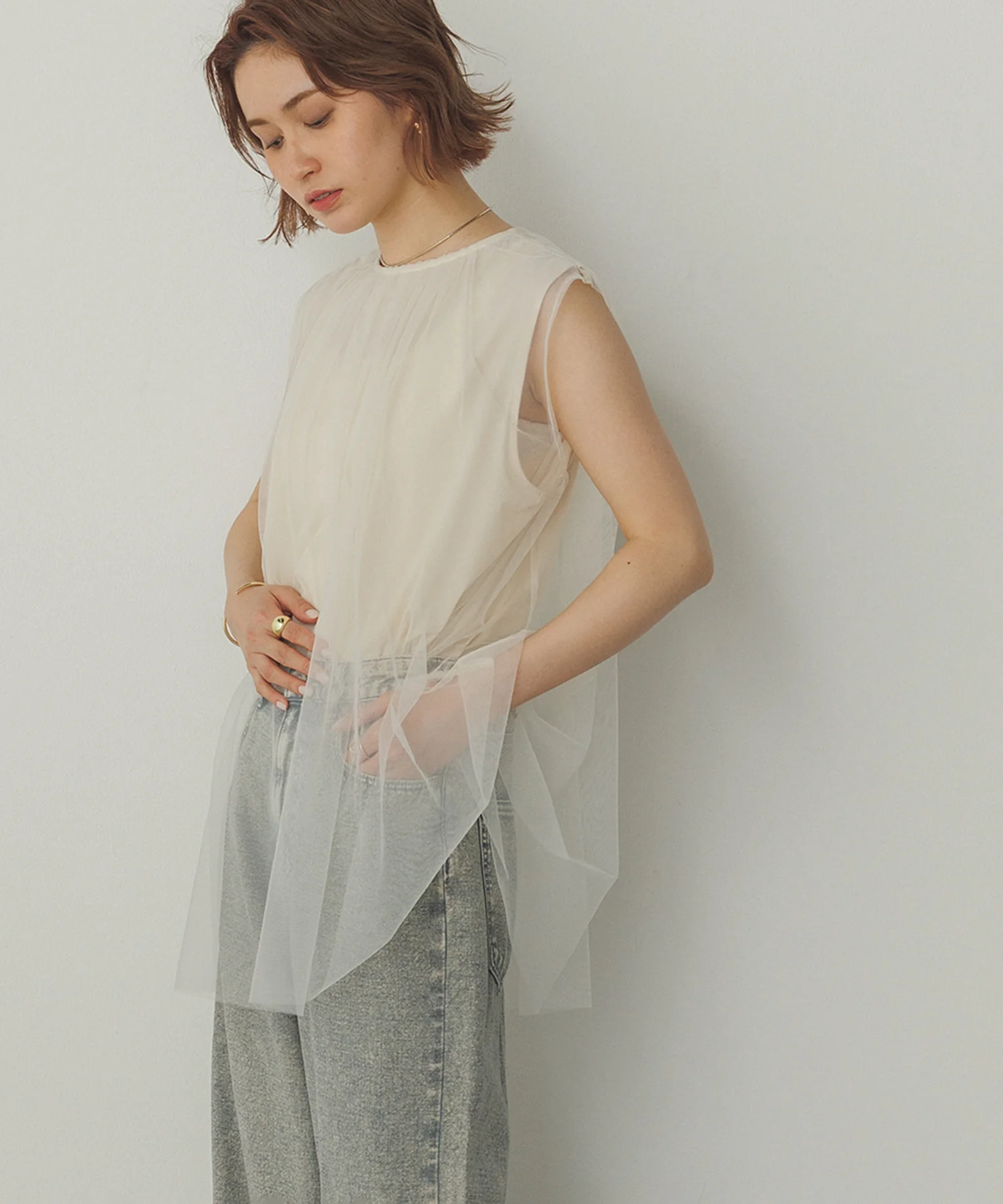 【接触冷感】チュールレイヤードトップス