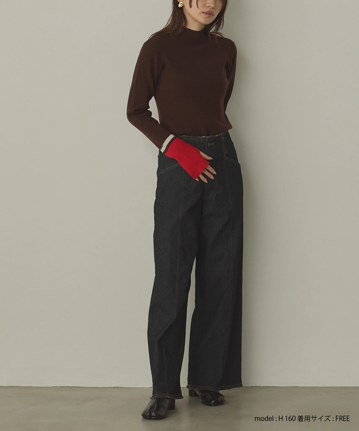 【静電気防止】やわもちヤーン 袖配色 ハイネックリブニット