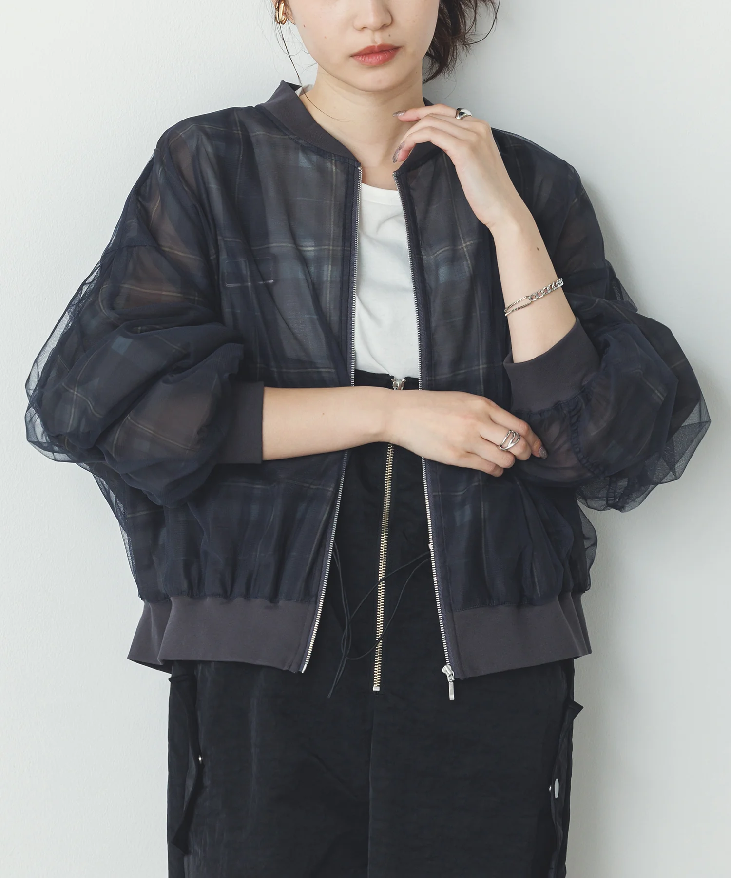 チュールシアー チェックブルゾン