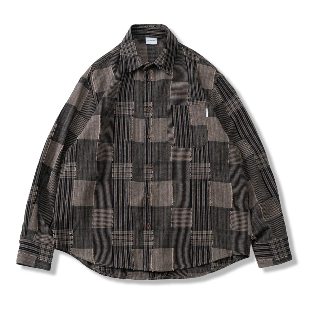 和風ストライプパッチワーク先染め　テクスチャー生地長袖シャツ