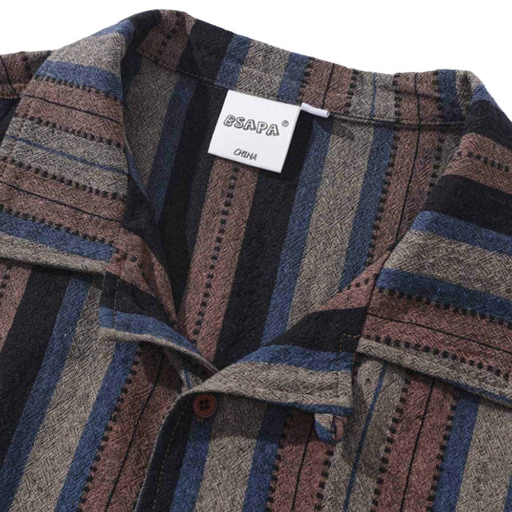 レトロ風 ストライプ開襟 シャツ 半袖