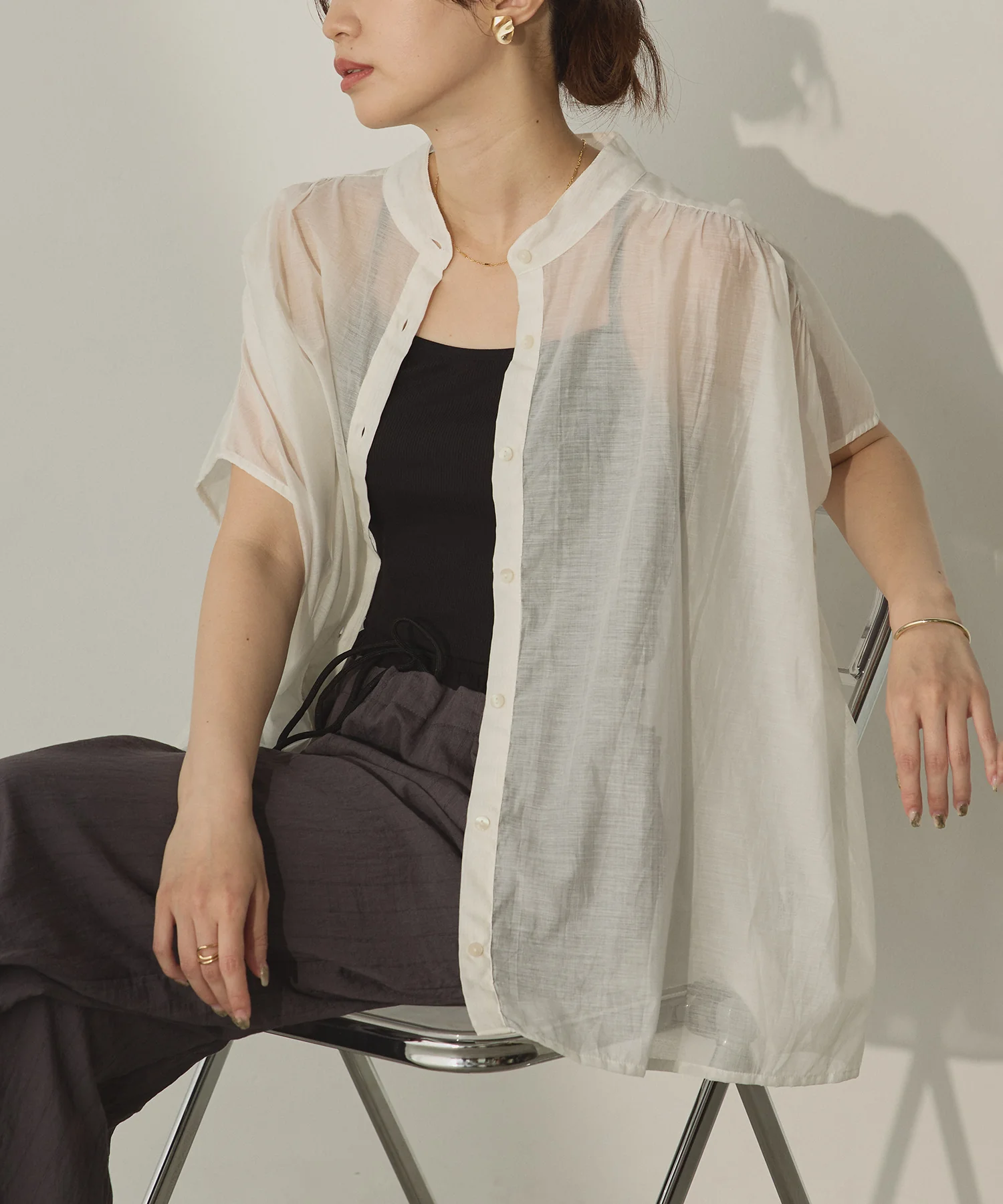 バンドカラー フレンチスリーブブラウス