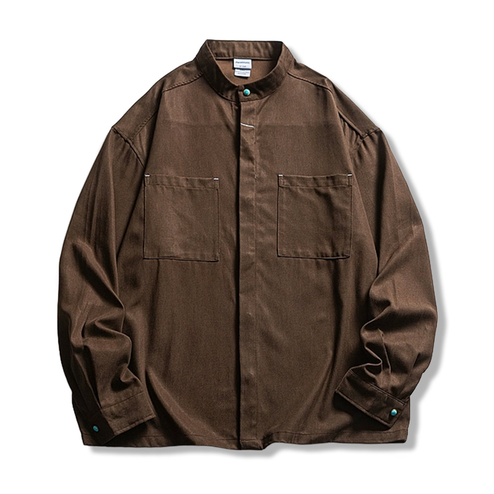 レトロスタンドカラー　ターコイズボタン付きワークシャツ