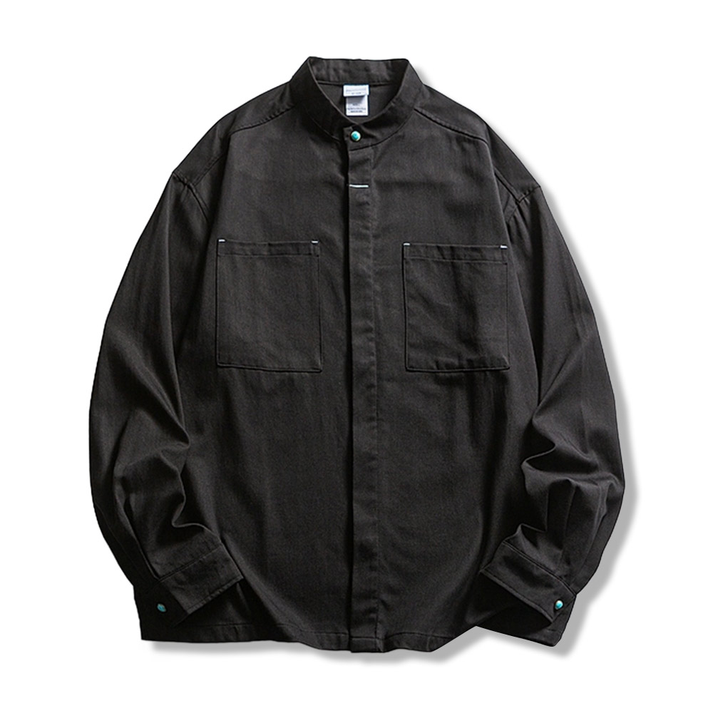 レトロスタンドカラー　ターコイズボタン付きワークシャツ