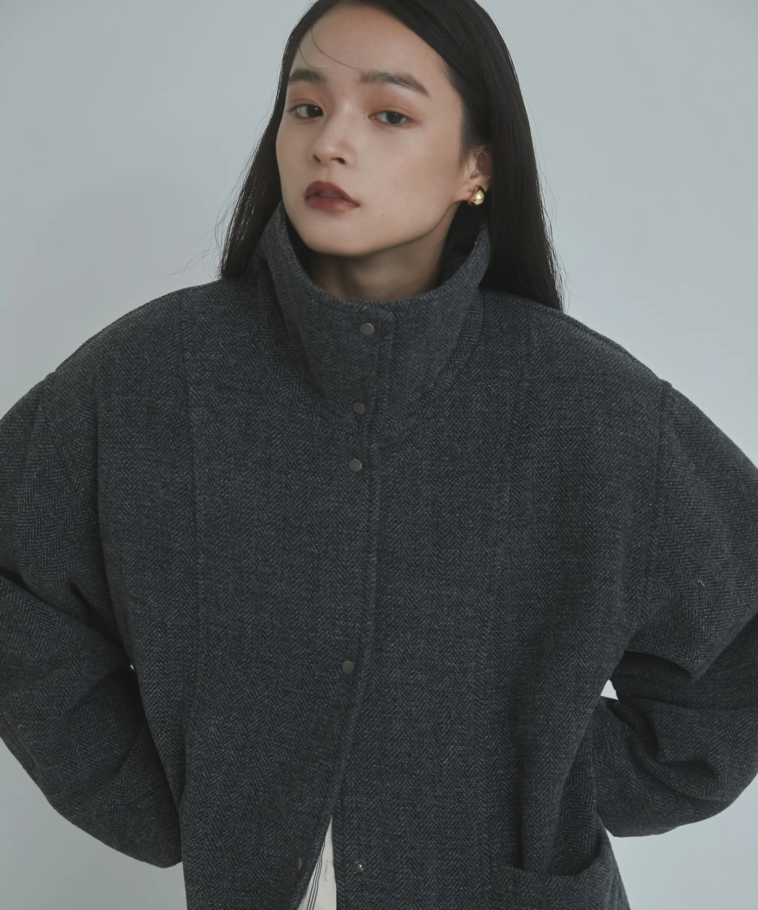 杢ヘリンボーン スタンドカラーコート