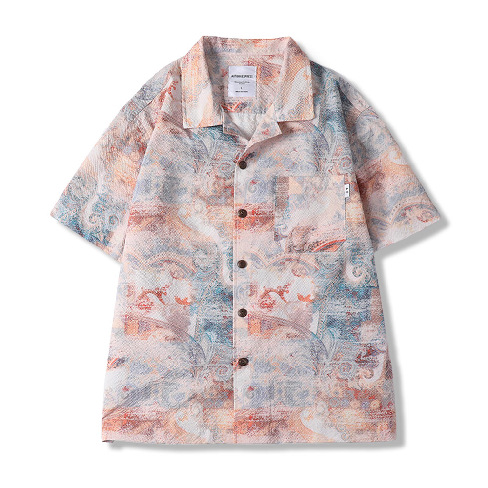 「東方霊草」プリント　シアサッカー素材オープンカラーシャツ