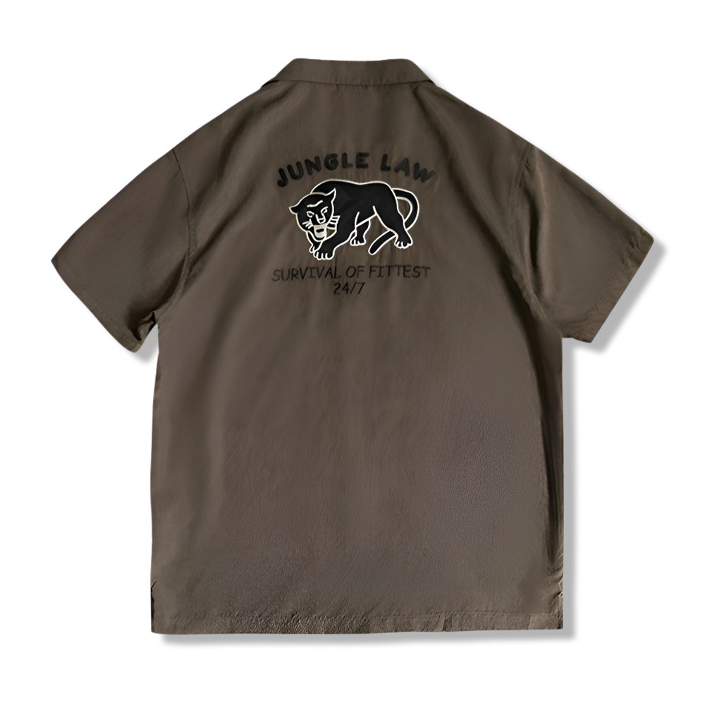 「ジャングルの掟」ブラックパンサー刺繍　ピーチスキン キューバカラーシャツ