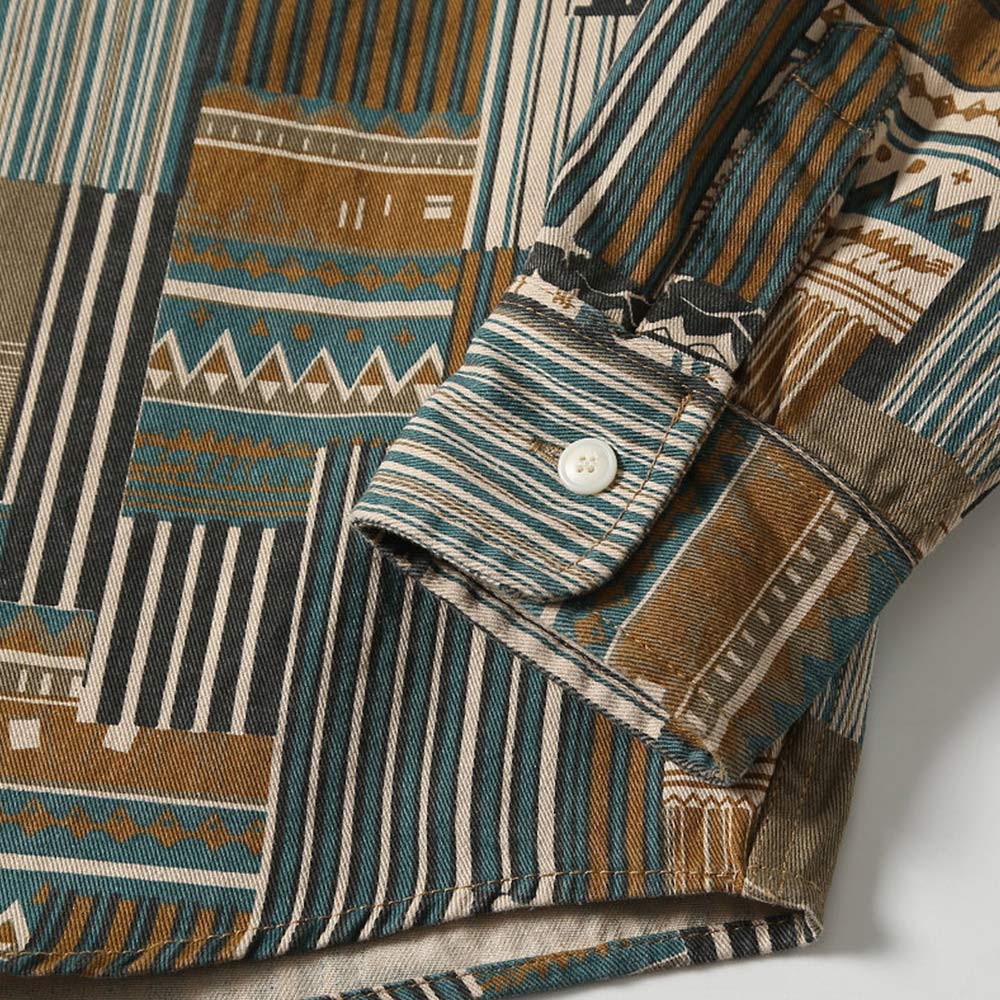 襤褸風エスニック柄パッチワークプリント　長袖シャツ