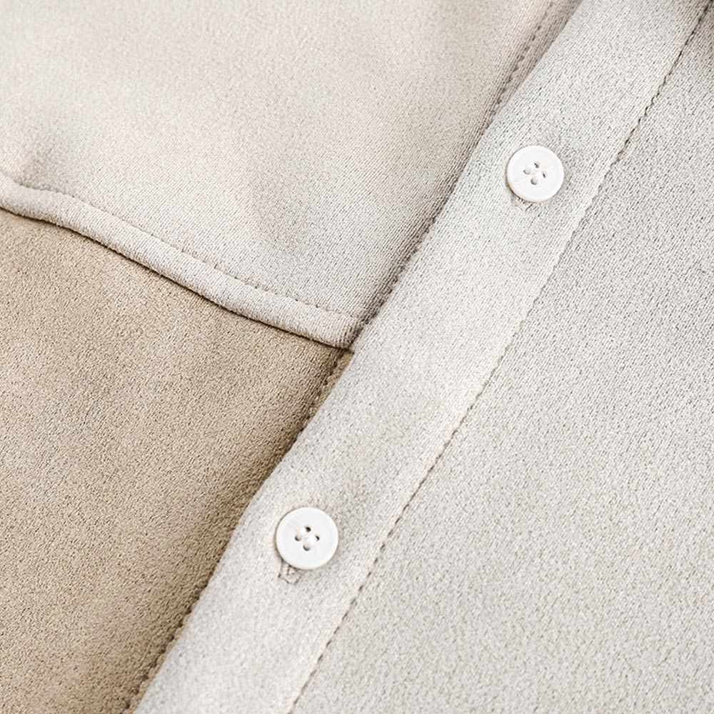 不規則なスエード配色切り替えパッチワーク長袖シャツ