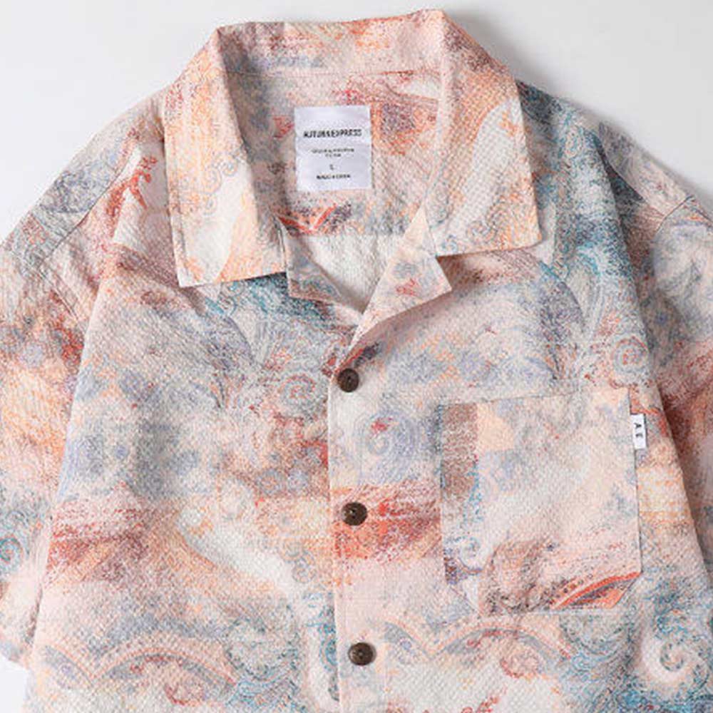 「東方霊草」プリント　シアサッカー素材オープンカラーシャツ