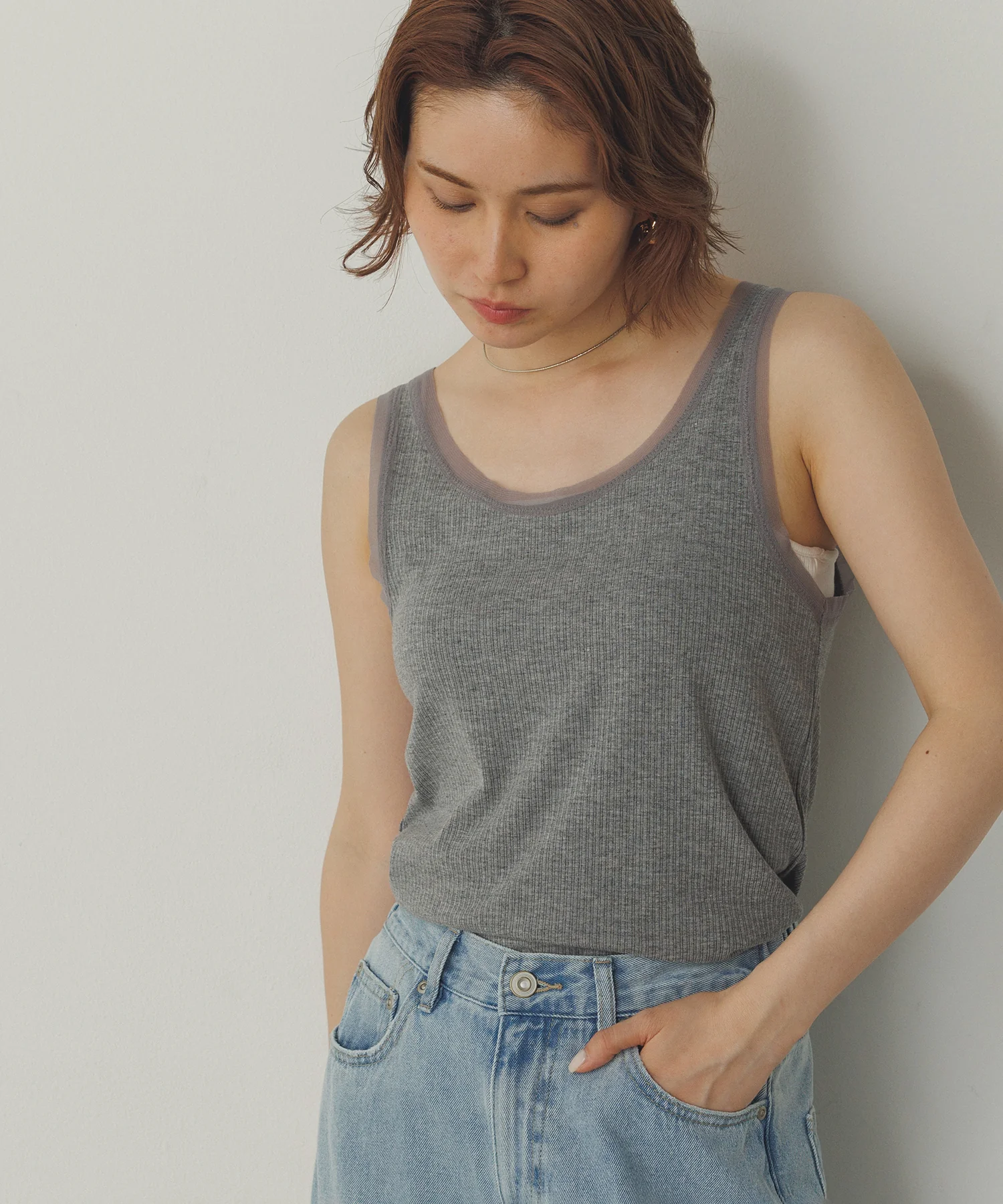 前後2WAY リブチュールタンクトップ