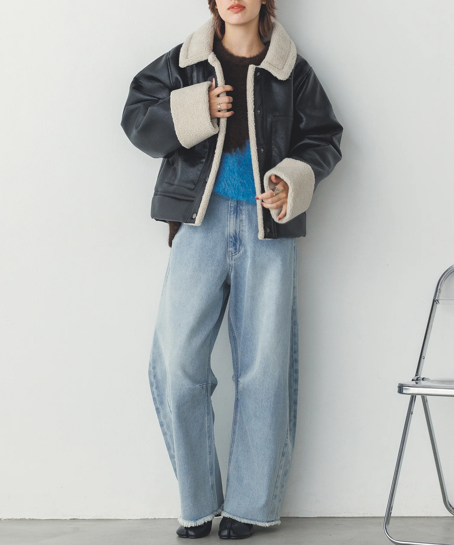 フェイクレザー×ボア ブルゾン