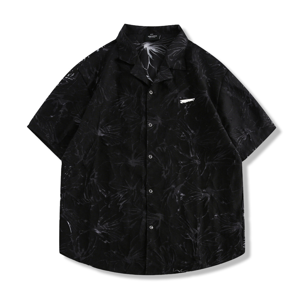 透かし彫り花柄　半袖開襟シャツ