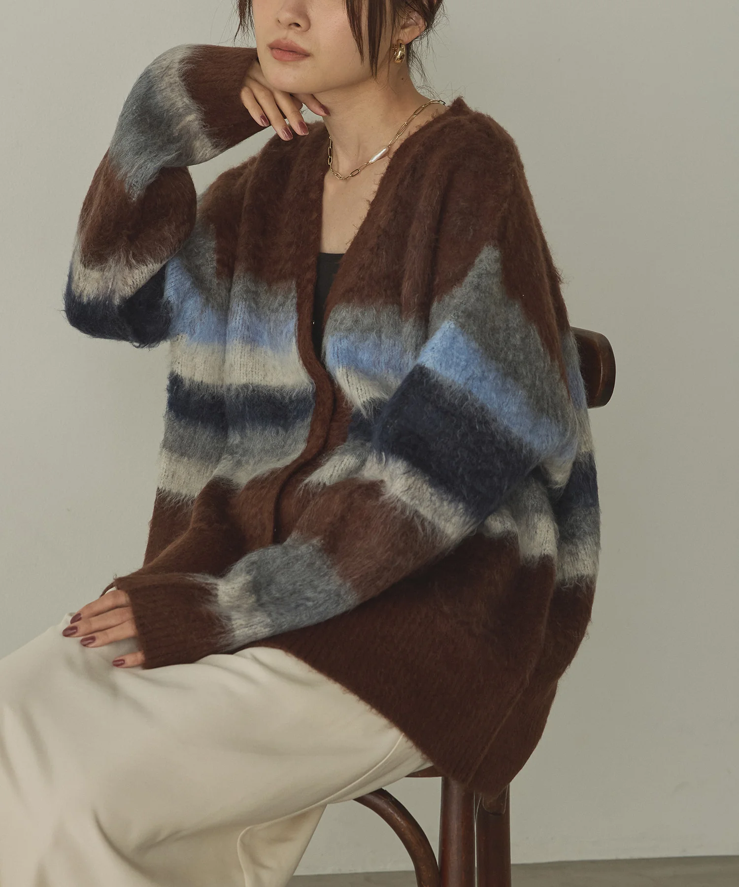 起毛シャギー ボーダーニットカーディガン