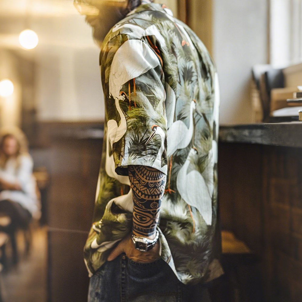 「松と鶴」プリント　シワ防止接触冷感開襟シャツ