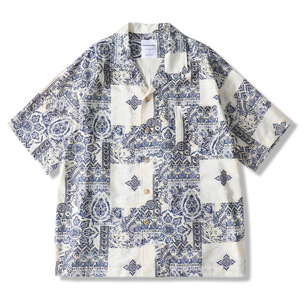 青花磁器ブルートーンプリントリネン風開襟シャツ
