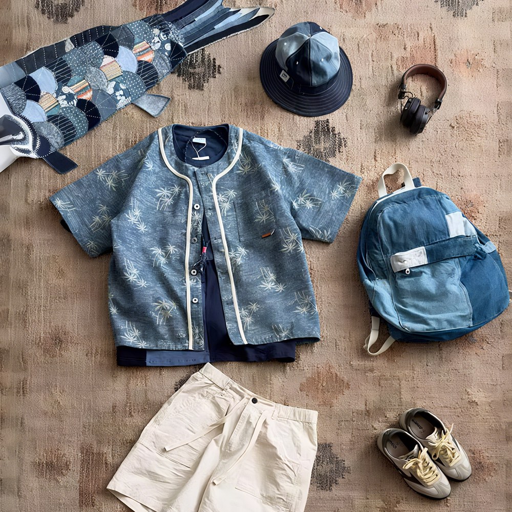 ヤシの木柄デニムベースボールシャツ