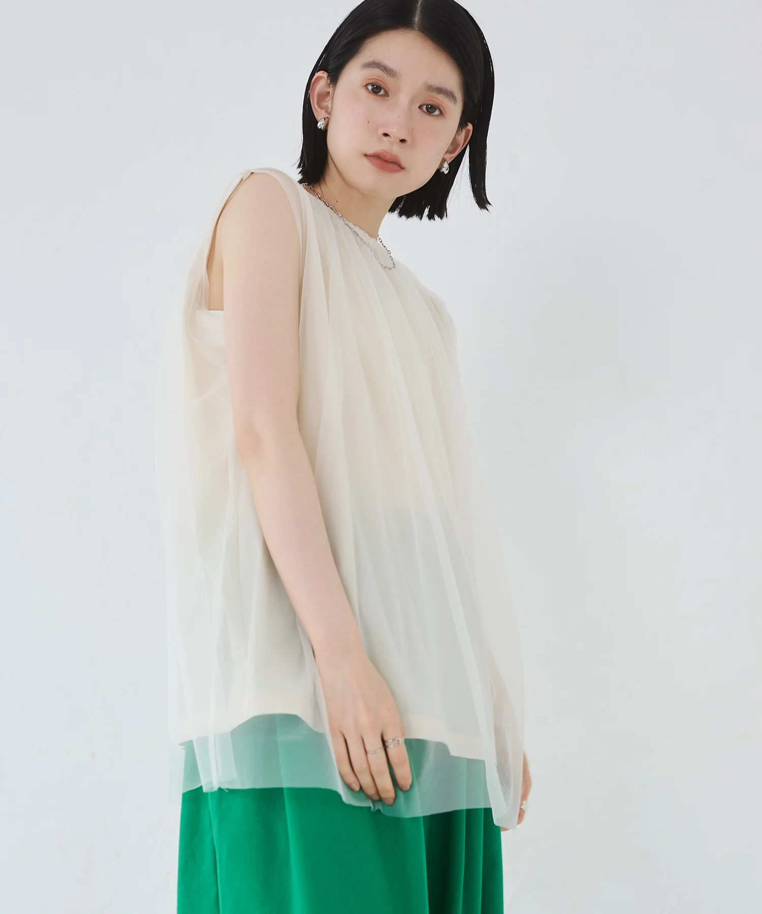 【接触冷感】チュールレイヤードトップス