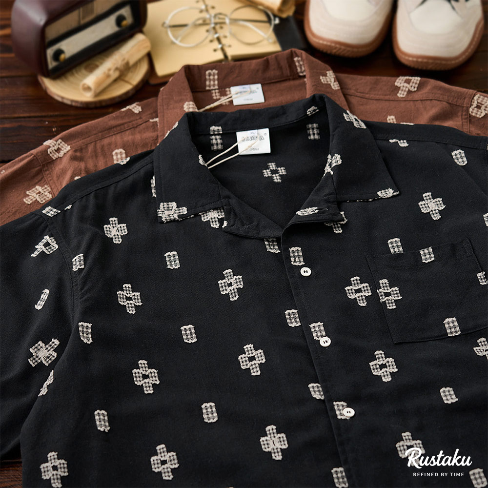 アメカジネイティブ柄刺繍ジャカード半袖シャツ