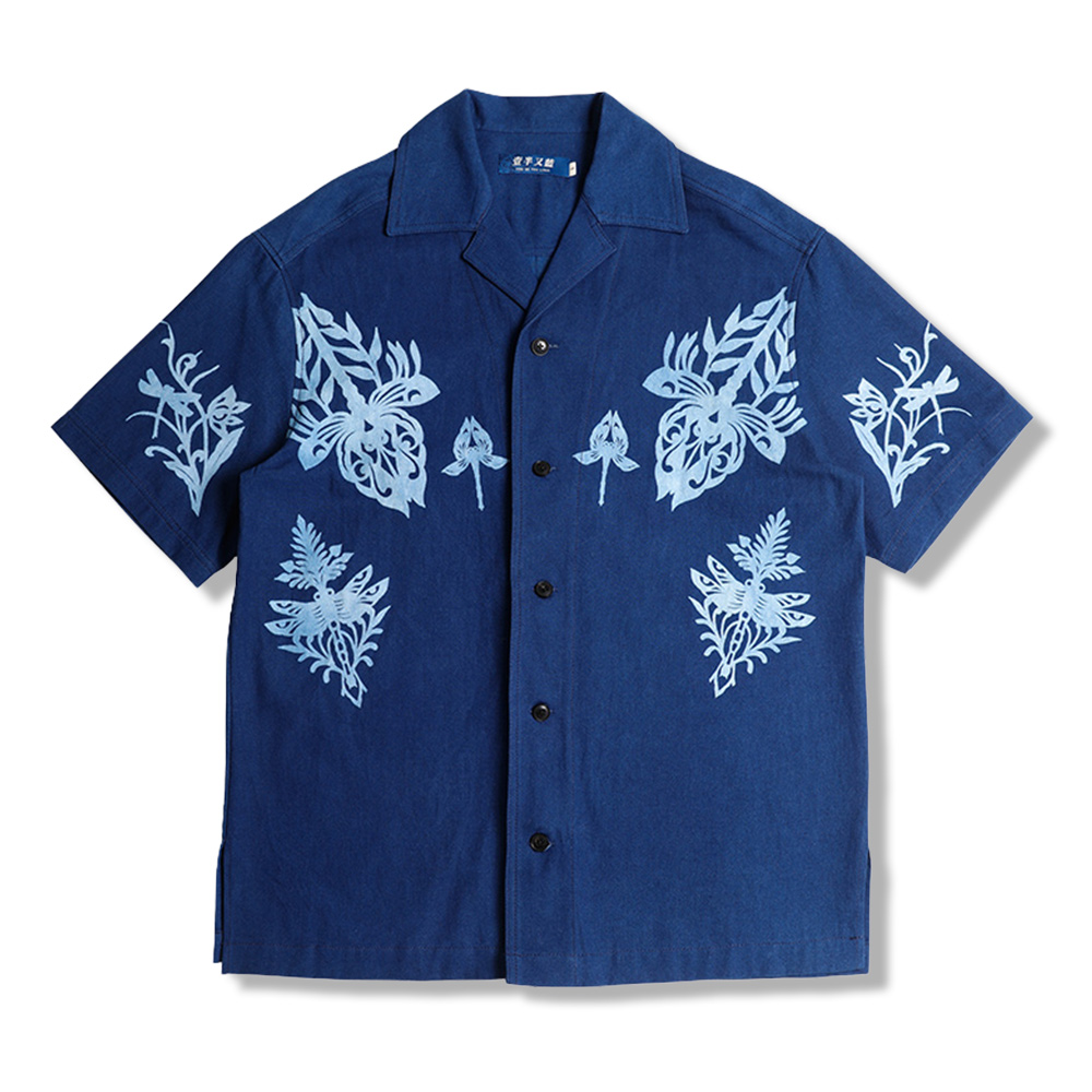 藍抜染トンボ柄コットン半袖Ｔシャツ