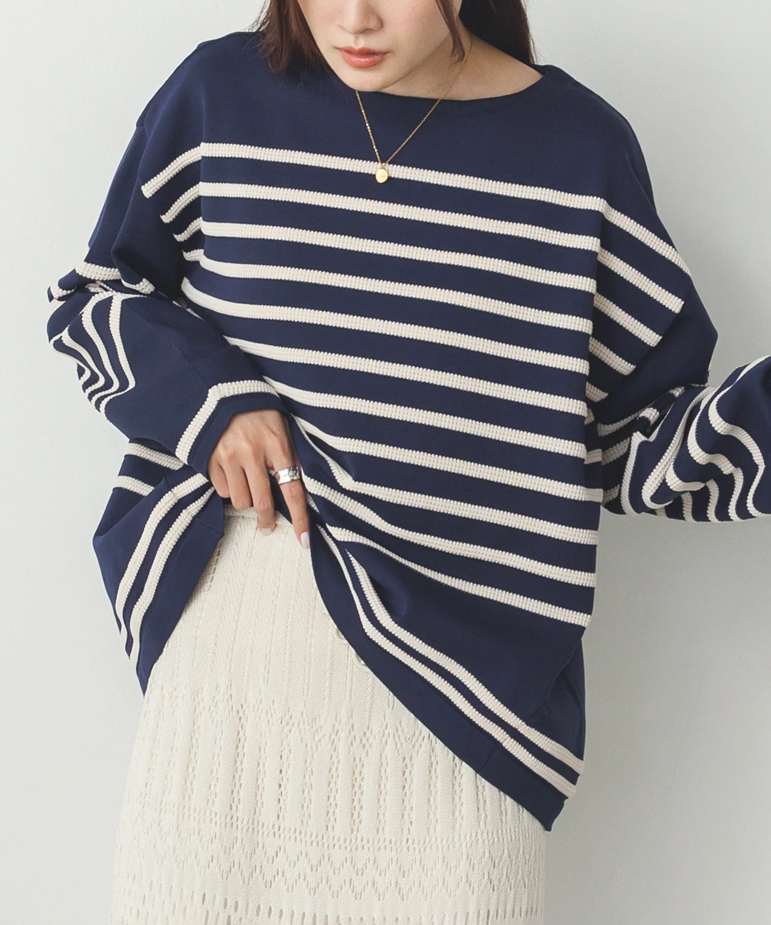 スポンディッシュ 柄編みボーダーニット