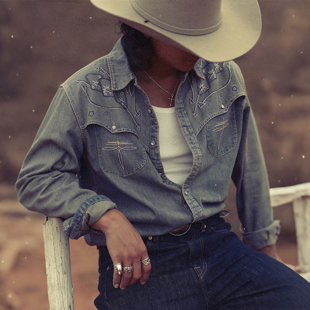 アメカジ刺繍ウォッシュデニムシャツ長袖