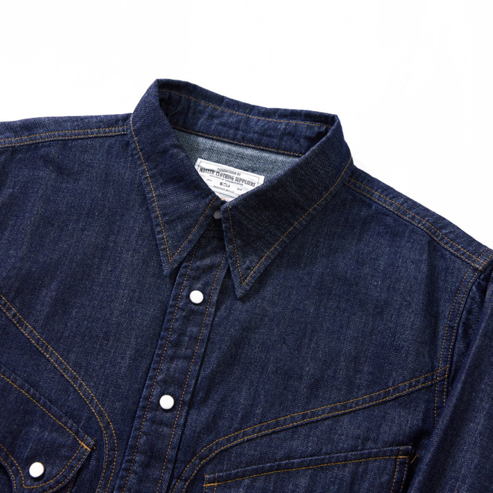 レトロパールボタン　スラブコットンウエスタンデニムシャツ