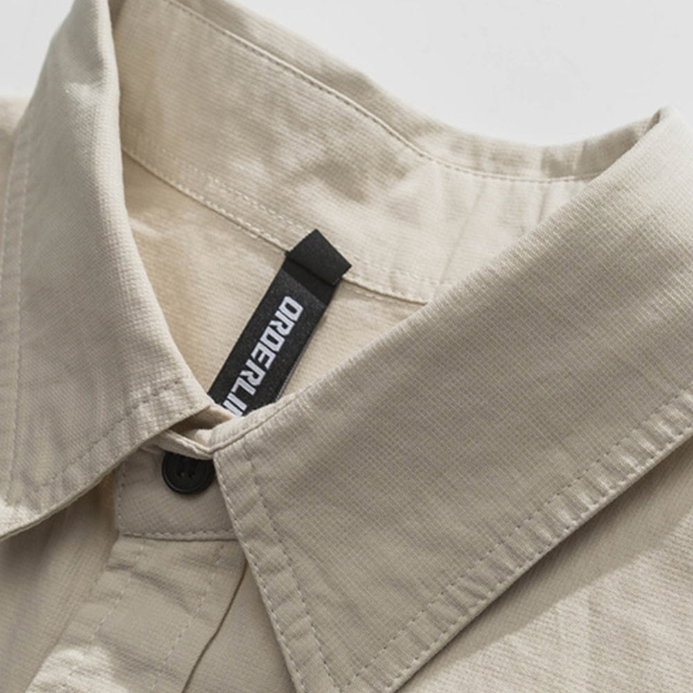 無地　 ミニマル刺繍入りワーク長袖シャツメンズ